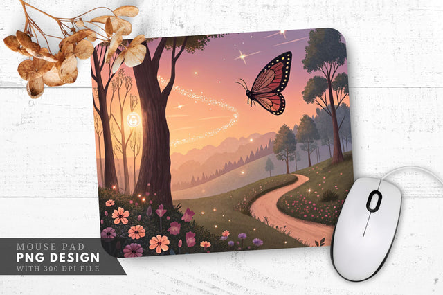 Whimsical Fairytale Butterfly Landscape Mouse Pad PNG Design Sublimation Regulrcrative 