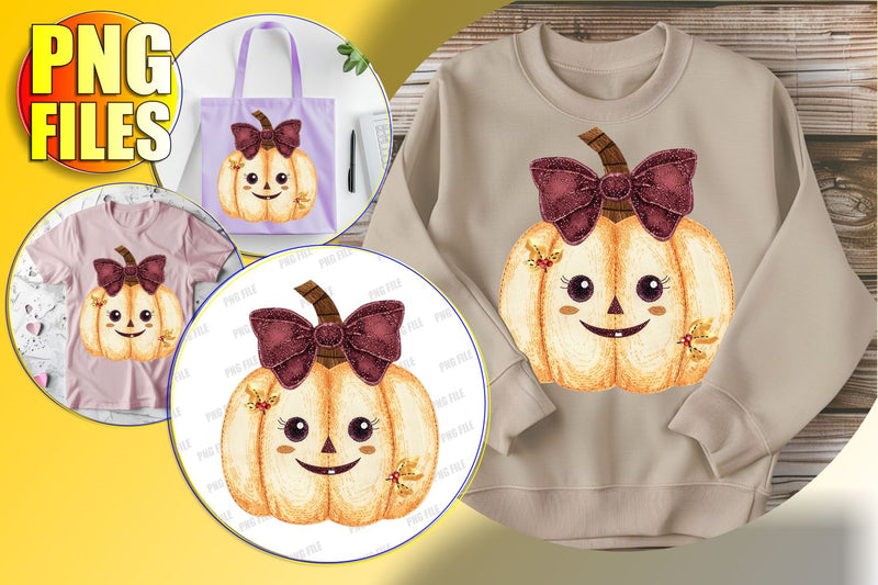 Whimsical Fall Pumpkin with Bow Glitter PNG Design Sublimation afrosvg 