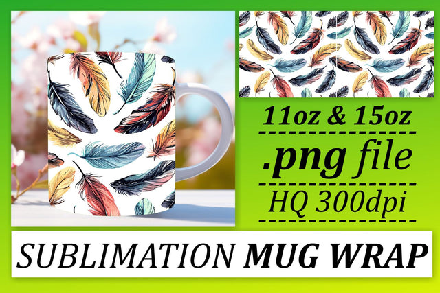 Whimsical Feather Mug Wrap: Sublimation Chic Fun 11oz 15oz Sublimation afrosvg 