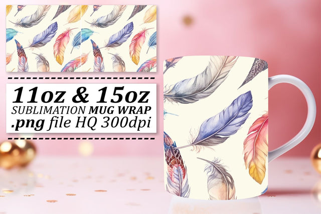 Whimsical Feather Mug Wrap: Sublimation Elegance and Fun 11oz 15oz Sublimation afrosvg 