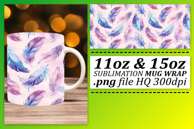 Whimsical Feather Pattern Mug Wrap: Sublimation for 11oz 15oz Cups Sublimation afrosvg 