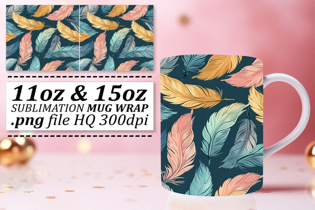 Whimsical Feather Pattern Mug Wrap: Sublimation for 11oz 15oz Cups Sublimation afrosvg 