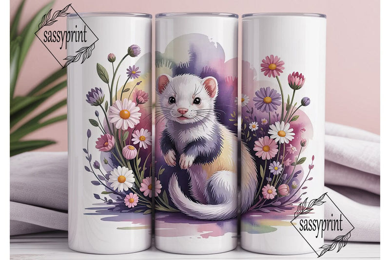 Whimsical Ferret & Flowers Tumbler Wrap Sublimation sassyprint 