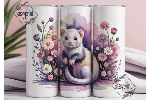 Whimsical Ferret & Flowers Tumbler Wrap Sublimation sassyprint 