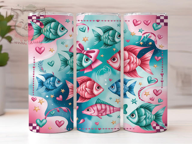 Whimsical Fish Bow Glow 20oz Tumbler, Whimsical Theme, Fish Motif, Bow Design, Glow Effect, Playful Charm, Skinny Tumbler, Sublimation PNG Sublimation Lara' s Designs 