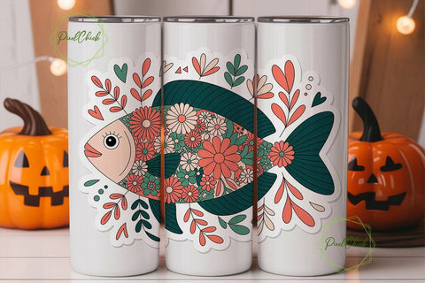 Whimsical Fish Tumbler Wrap PNG Sublimation PixelChick 
