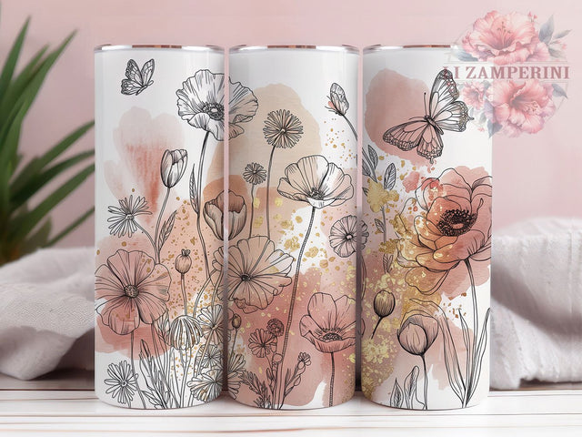 Whimsical Floral Butterfly 20oz Tumbler, Butterfly Scene, Hand-Drawn Design, Delicate Motif, Playful Nature, 20oz Tumbler Wrap, Sublimation PNG Sublimation Li Zamperini 