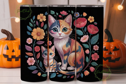 Whimsical Floral Cat 20oz Tumbler Wrap Sublimation PixelChick 