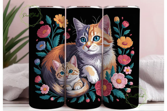 Whimsical Floral Cat 20oz Tumbler Wrap Sublimation PixelChick 