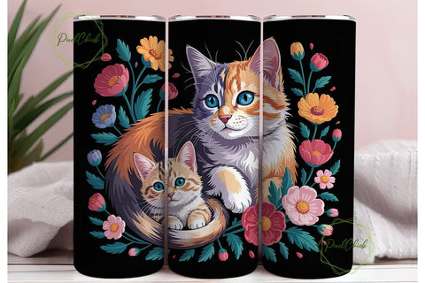 Whimsical Floral Cat 20oz Tumbler Wrap Sublimation PixelChick 
