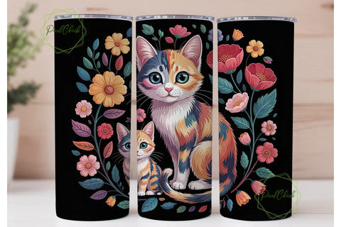 Whimsical Floral Cat 20oz Tumbler Wrap Sublimation PixelChick 