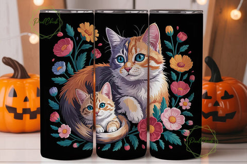 Whimsical Floral Cat 20oz Tumbler Wrap Sublimation PixelChick 