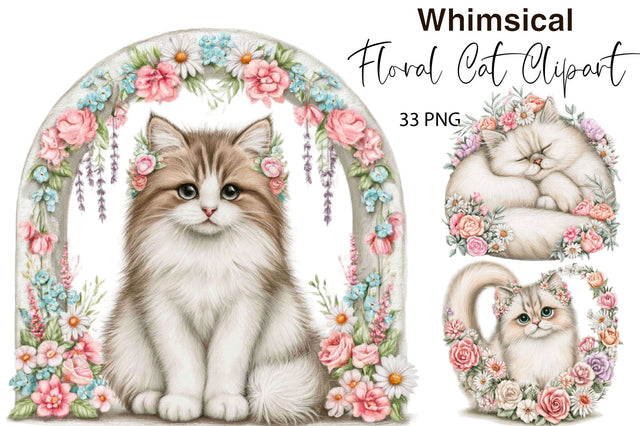 Whimsical Floral Cat Clipart Bundle Sublimation SVGArt 