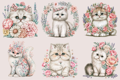 Whimsical Floral Cat Clipart Bundle Sublimation SVGArt 