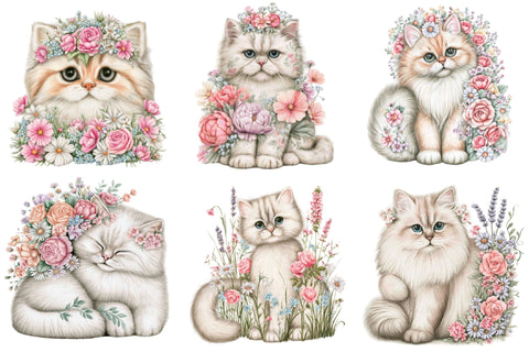 Whimsical Floral Cat Clipart Bundle Sublimation SVGArt 