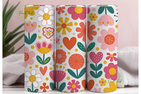 Whimsical Floral Hearts Tumbler Wrap Sublimation PixelChick 