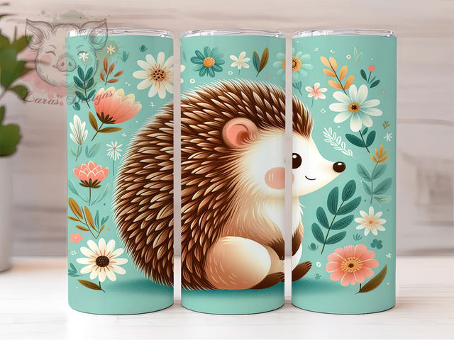 Whimsical Floral Hedgehog Tumbler, Spring Floral Wrap, Cute Hedgehog Cup, 20oz Sublimation Wrap, Stylish Woodland Animal Tumbler, Artistic Spring Flower Cup, Playful Hedgehog Floral Wrap Sublimation Lara' s Designs 