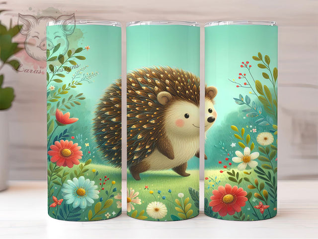 Whimsical Floral Hedgehog Tumbler, Spring Floral Wrap, Cute Hedgehog Cup, 20oz Sublimation Wrap, Stylish Woodland Animal Tumbler, Artistic Spring Flower Cup, Playful Hedgehog Floral Wrap Sublimation Lara' s Designs 