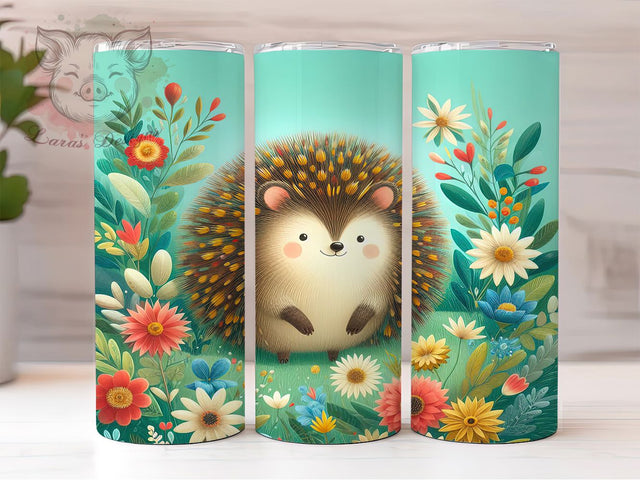 Whimsical Floral Hedgehog Tumbler, Spring Floral Wrap, Cute Hedgehog Cup, 20oz Sublimation Wrap, Stylish Woodland Animal Tumbler, Artistic Spring Flower Cup, Playful Hedgehog Floral Wrap Sublimation Lara' s Designs 