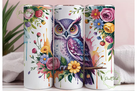 Whimsical Floral Owl 20oz Tumbler Wrap Sublimation PixelChick 