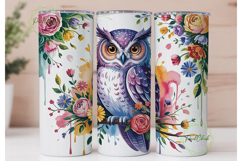 Whimsical Floral Owl 20oz Tumbler Wrap Sublimation PixelChick 