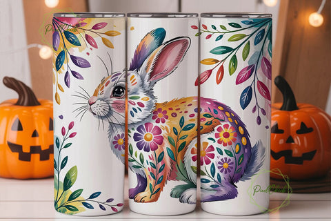Whimsical Floral Rabbit Tumbler Wrap Sublimation PixelChick 