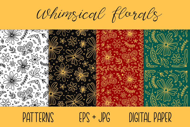 Whimsical Florals Digital Paper Patterns EPS JPG | Cute Doodle Flowers, Leaves, Butterfly | Botanical Seamless Backgrounds, Scrapbook Papers Digital Pattern AnnaViolet_store 