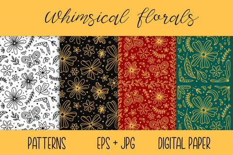Whimsical Florals Digital Paper Patterns EPS JPG | Cute Doodle Flowers, Leaves, Butterfly | Botanical Seamless Backgrounds, Scrapbook Papers Digital Pattern AnnaViolet_store 