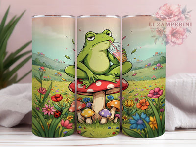 Whimsical Frog Fantasy 20oz Tumbler, Anthropomorphic Frog, Red Mushroom, Relaxed Pose, Fantasy Design, Skinny Tumbler, Sublimation PNG Sublimation Li Zamperini 