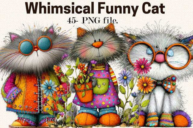 Whimsical Funny Cat PNG Clipart Bundle. Sublimation SVGArt 