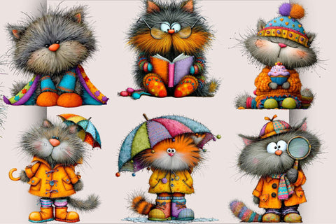 Whimsical Funny Cat PNG Clipart Bundle. Sublimation SVGArt 