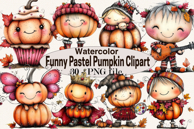 Whimsical Funny Pastel Pumpkin Clipart Bundle. Sublimation SVGArt 