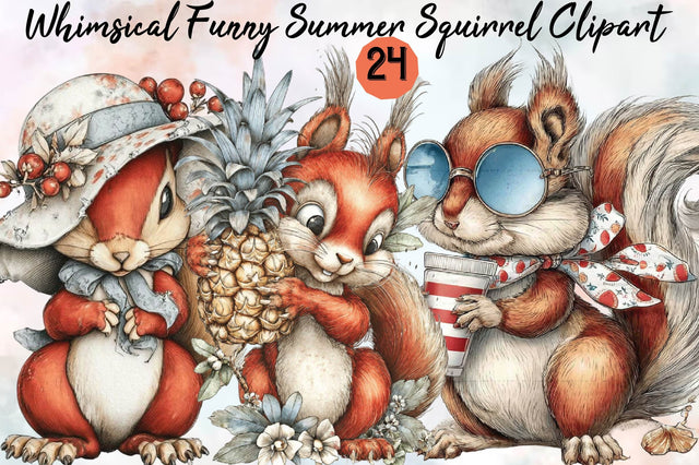 Whimsical Funny Summer Squirrel Clipart Bundle. Sublimation SVGArt 