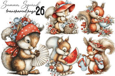 Whimsical Funny Summer Squirrel Clipart Bundle. Sublimation SVGArt 
