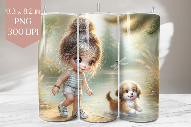 Whimsical Girl and Puppy Tumbler Wrap PNG Sublimation BijouBay 