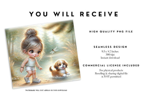 Whimsical Girl and Puppy Tumbler Wrap PNG Sublimation BijouBay 