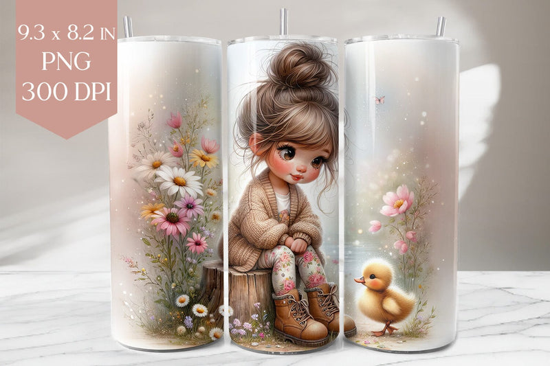 Whimsical Girl & Duckling Floral Tumbler Wrap Sublimation BijouBay 
