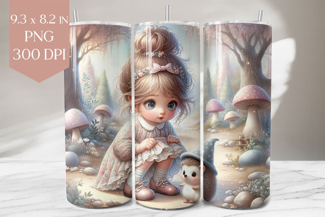 Whimsical Girl & Hedgehog in Forest Tumbler Wrap Sublimation BijouBay 