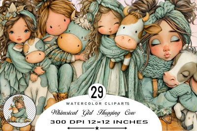 Whimsical Girl Hugging Cow Clipart Bundle. Sublimation SVGArt 