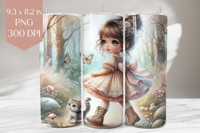 Whimsical Girl & Kitten Forest Tumbler Wrap Sublimation BijouBay 