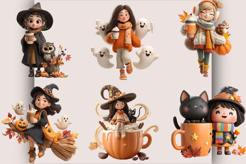 Whimsical Halloween Coffee Girl Clipart Bundle. Sublimation SVGArt 