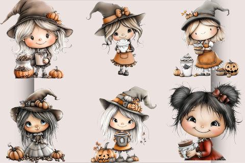 Whimsical Halloween Coffee Girl Clipart Bundle. Sublimation SVGArt 
