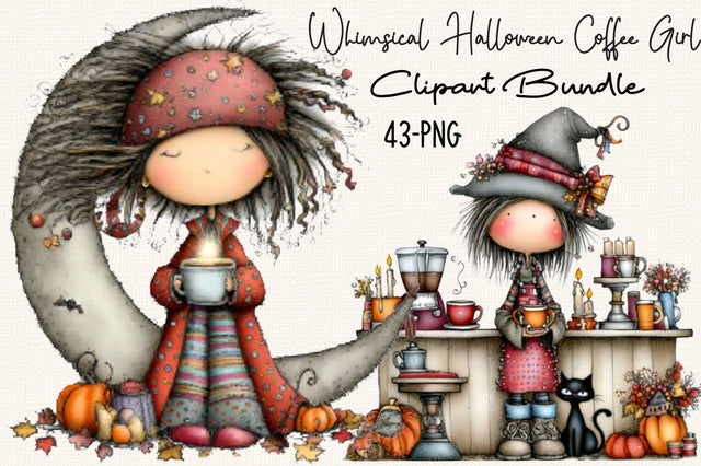 Whimsical Halloween Coffee Girl Clipart Bundle. Sublimation SVGArt 