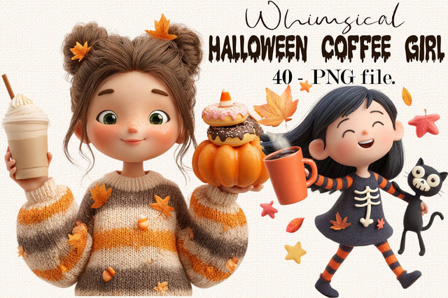 Whimsical Halloween Coffee Girl Clipart Bundle. Sublimation SVGArt 