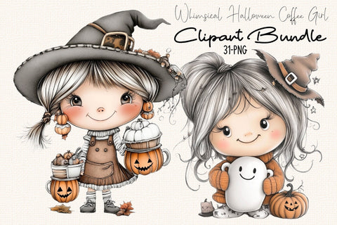 Whimsical Halloween Coffee Girl Clipart Bundle. Sublimation SVGArt 