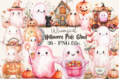 Whimsical Halloween Pink Ghost Clipart Bundle. Sublimation SVGArt 