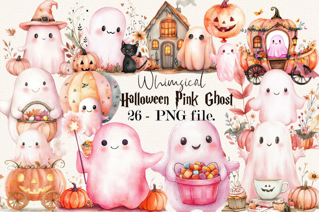 Whimsical Halloween Pink Ghost Clipart Bundle. Sublimation SVGArt 