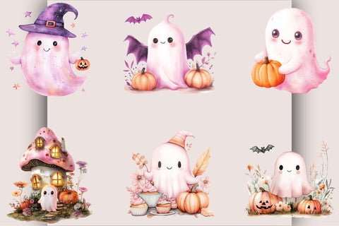 Whimsical Halloween Pink Ghost Clipart Bundle. Sublimation SVGArt 