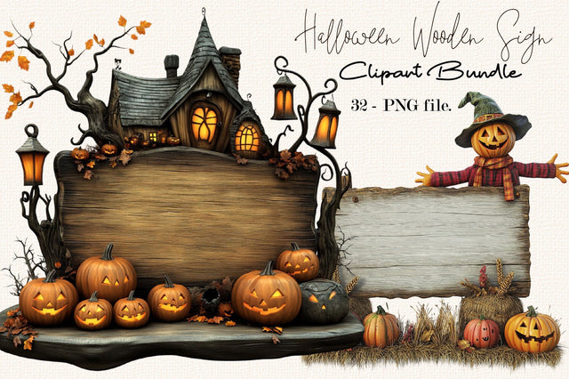 Whimsical Halloween Wooden Sign Clipart Bundle. Sublimation SVGArt 