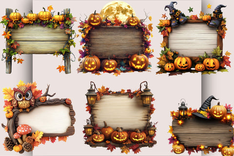 Whimsical Halloween Wooden Sign Clipart Bundle. Sublimation SVGArt 